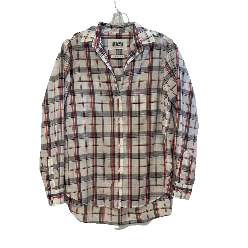 Grayson The Hero Red White Blue Plaid‎ Cotton Long Sleeve Button Shirt Top 2 SM